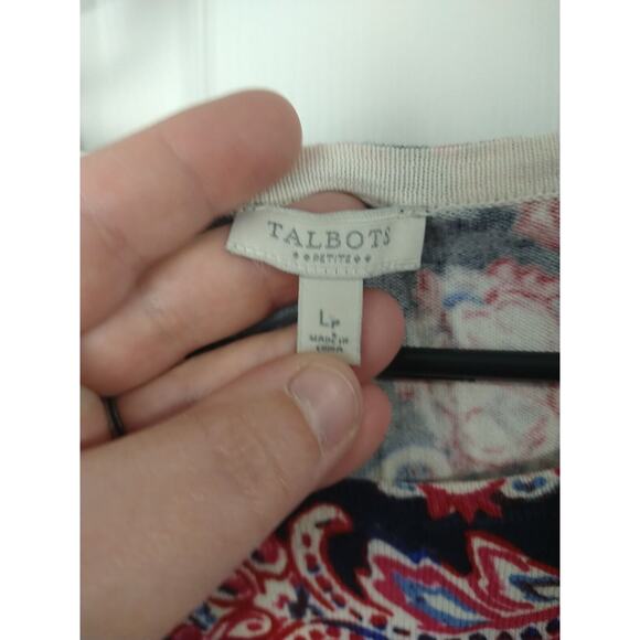 Talbots Sweater Women LP Dark Blue Pink Paisley Knit Stretch Lightweight Top - Picture 3 of 8